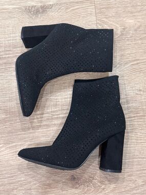 MIA Black Rhinestone Sock Booties Pointed Toe Block Heel Size 8